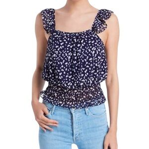 Aqua Navy Polka Dot Ruffle Tank Top Womens Medium Smocked Blouse NWT